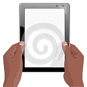 Hands of african american holding a tablet touch computer gadget with screen