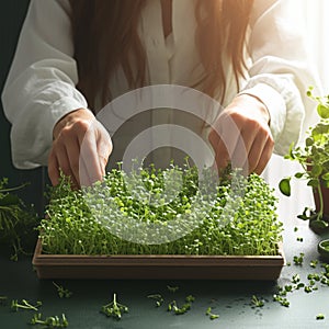 Hands on agriculture person nurtures young microgreens, urban farming concept photo