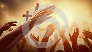 Hands in the air appealing to the salvation that is in Jesus Christ Generative AI Illustration