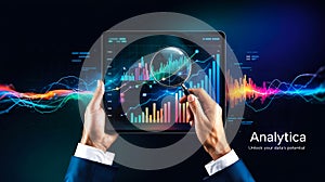 Hands analyzing data on a digital tablet with graphical representations