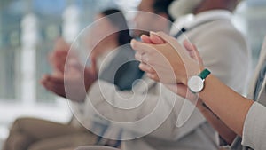 Hands, applause and business people in a meeting, workshop or seminar for training in the office closeup. Collaboration