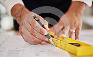 Hands, architecture and ruler for drawing blueprint, paper and engineering of project, building development and