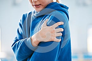 Hands, arm pain and injury after exercise, training or workout accident, inflammation or arthritis. Sports, athlete or