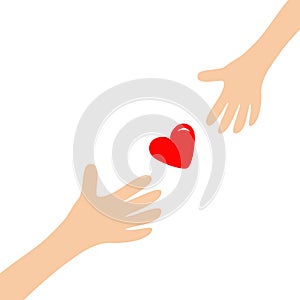 Hands arms reaching to each other red shining heart shape sign. Helping hand. Close up body part. Happy Valentines day. Greeting c