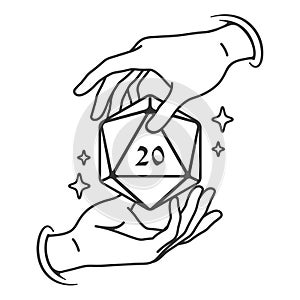 Hands Around D20 Dice That Floating in the Air. Outline Style