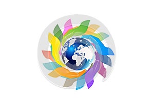 Hands around a global world map logo vector web image