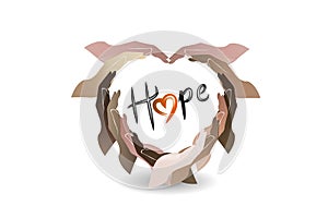 Hands around hope word love heart shape logo vector