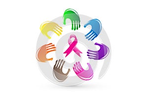 Hands around pink ribbon logo vector