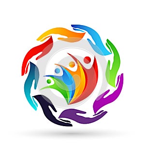 Hands around the world globe people  save care diversity logo icon clip art