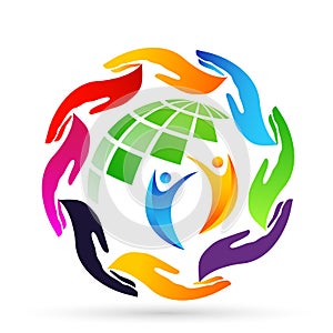 Hands around the world globe people  save care diversity logo icon clip art