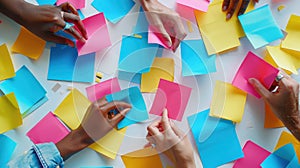 Hands arranging colorful notes.AI generated image