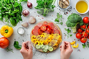 Hands Arranging Sliced Veggies on Plate AI Generated