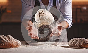 Hands of baker`s male knead dough