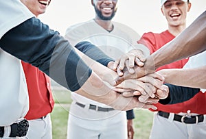 Hands, baseball motivation or men in huddle with support, hope or faith on baseball field in game together. Men with