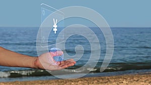 Hands on beach hold hologram text Sign JPY