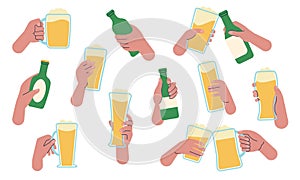 Hands with beer. People drink from different glasses and bottles. Meeting in pub or brewery bar. Weekend party, friends