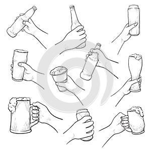 Hands with beer vector sketch set isolated from background