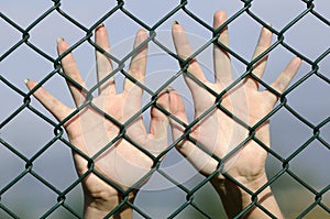 Hands behind chain link