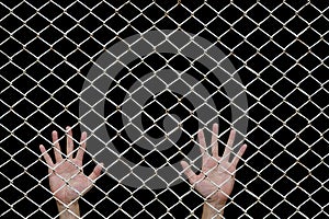 Hands behind the chain link fence on black