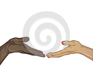 Hands of a black man and a white woman is drawn into each other