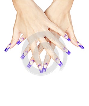 Hands with blue french acrylic nails manicure and painting