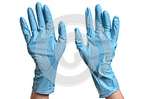 Hands in blue protective gloves