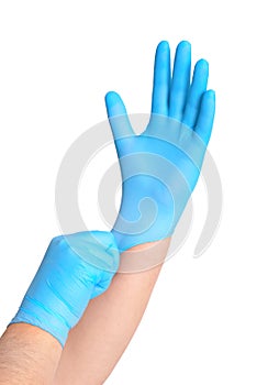 Hands with blue sterile gloves isolated on white bavkground