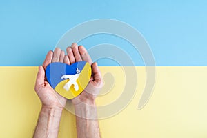 Hands on blue and yellow background holding heart with Ukrainian flag colors with white dove and olive branch