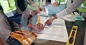 Hands, blueprint and architect group with planning, drawing and discussion for construction industry. People, team and