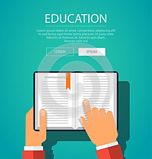 Hands with book. Knowledge education flat concept. Vector illustration