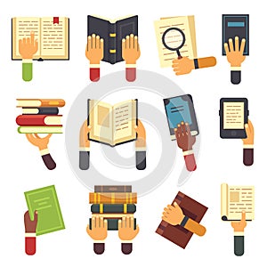 Hands with books. Holding book in hand, reading ebook and reader learning open textbook icon. Reading vector icons set