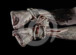 Hands bound,bloody hands, mud, rope, on a black background, isolated, kidnapping, zombie, demon