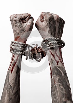 Hands bound,bloody hands, mud, rope, on a white background, isolated, kidnapping, zombie, demon