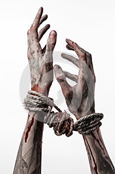 Hands bound,bloody hands, mud, rope, on a white background, isolated, kidnapping, zombie, demon