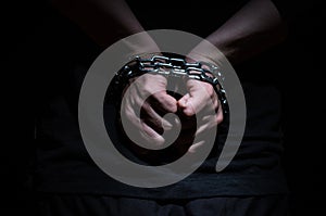 Hands bound in metal chains on a black background
