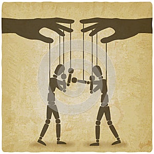 Hands with boxing puppets vintage background