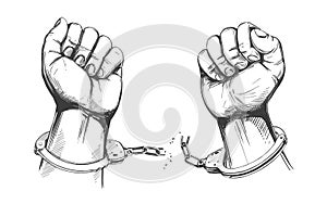 Hands break the chain handcuffs, a symbol of freedom and forgiveness icon hand drawn vector illustration sketch