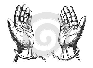 Hands break the chain handcuffs, a symbol of freedom and forgiveness icon hand drawn vector illustration sketch