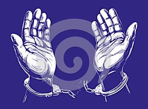 Hands break the chain handcuffs, a symbol of freedom and forgiveness icon hand drawn vector illustration sketch