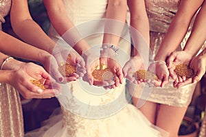 Hands of bride and bridesmaid holding glitter