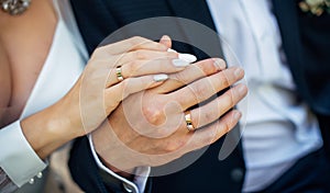 Hands of the bride and groom close-up, blurred background. Gold wedding rings on the fingers of newlyweds. Concept of marriage