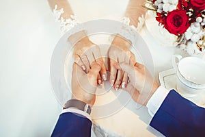 Hands of the bride and groom with rings