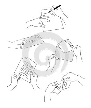 Hands with brief or letter in outline design