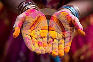 Hands in bright colorful colors of Holi festival