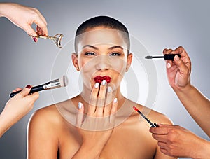 Hands, brushes and portrait of woman for beauty with red lips in studio for lipstick and mascara routine. Cosmetics