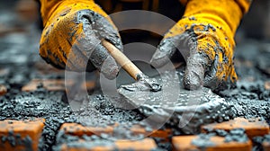 Hands of a builder applying wet cement to bricks