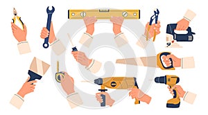 Hands with Building Instruments. Wrench, Screwdriver, Level and Saw. Drill, Spatula, Measuring Tape or Pliers