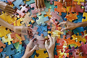 Hands building puzzle Hands assembling a puzzle on a wooden table