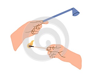 Hands with burning match and candle snuffer isolated on white background