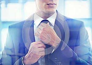 Hands, business man and professional tie in office, lawyer and ready for office interview. Male person, closeup and